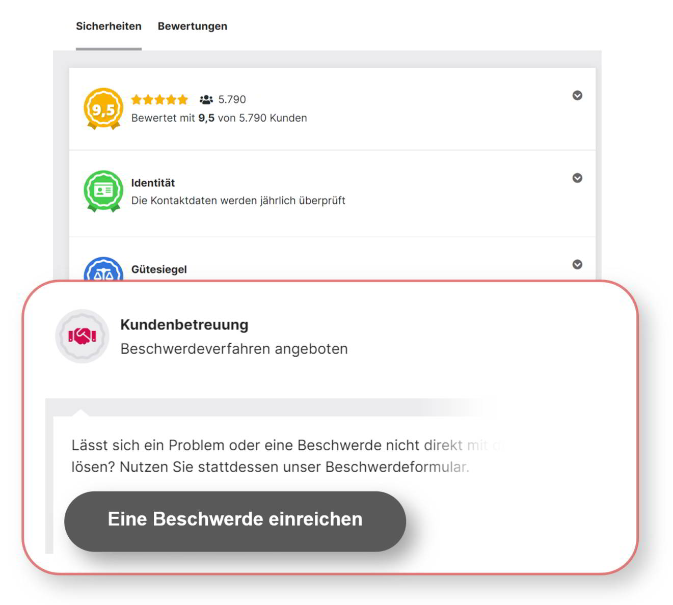 Bereich Kundenbetreuung mit Beschwerde-Button auf der Profilseite