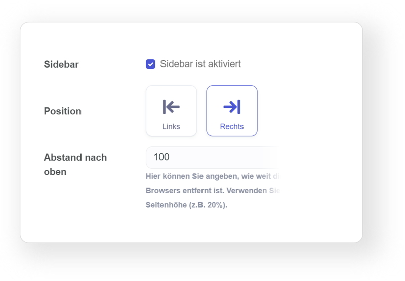 Sidebar Konfiguration Position links rechts und Höhe